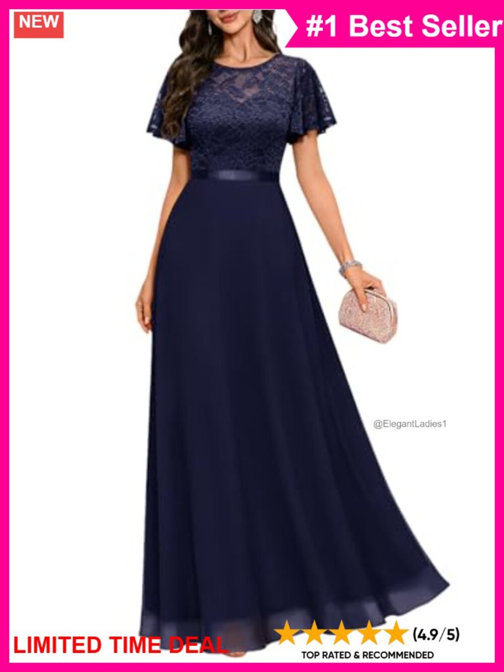 Formal Lace Chiffon Gown V-Neck Short Sleeve Floor Length
